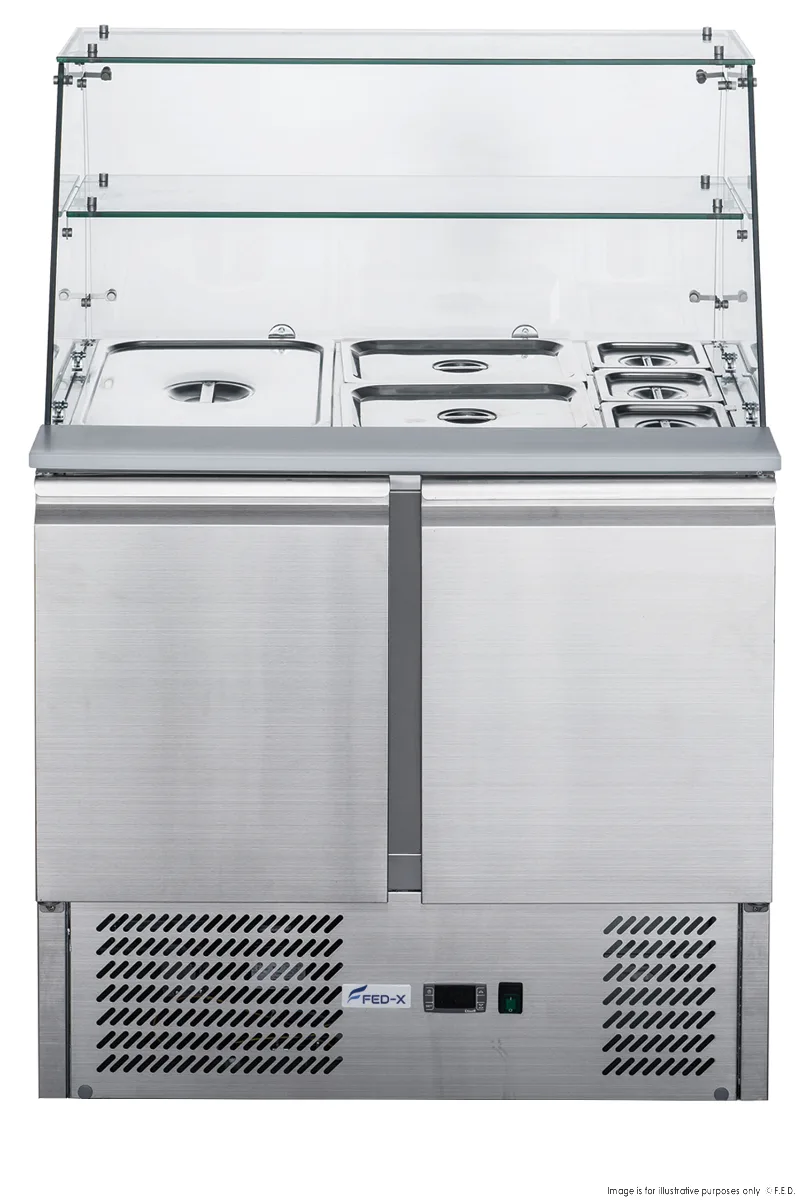 FED-XS900GC Two Door Salad Prep Fridge with Square Glass Top