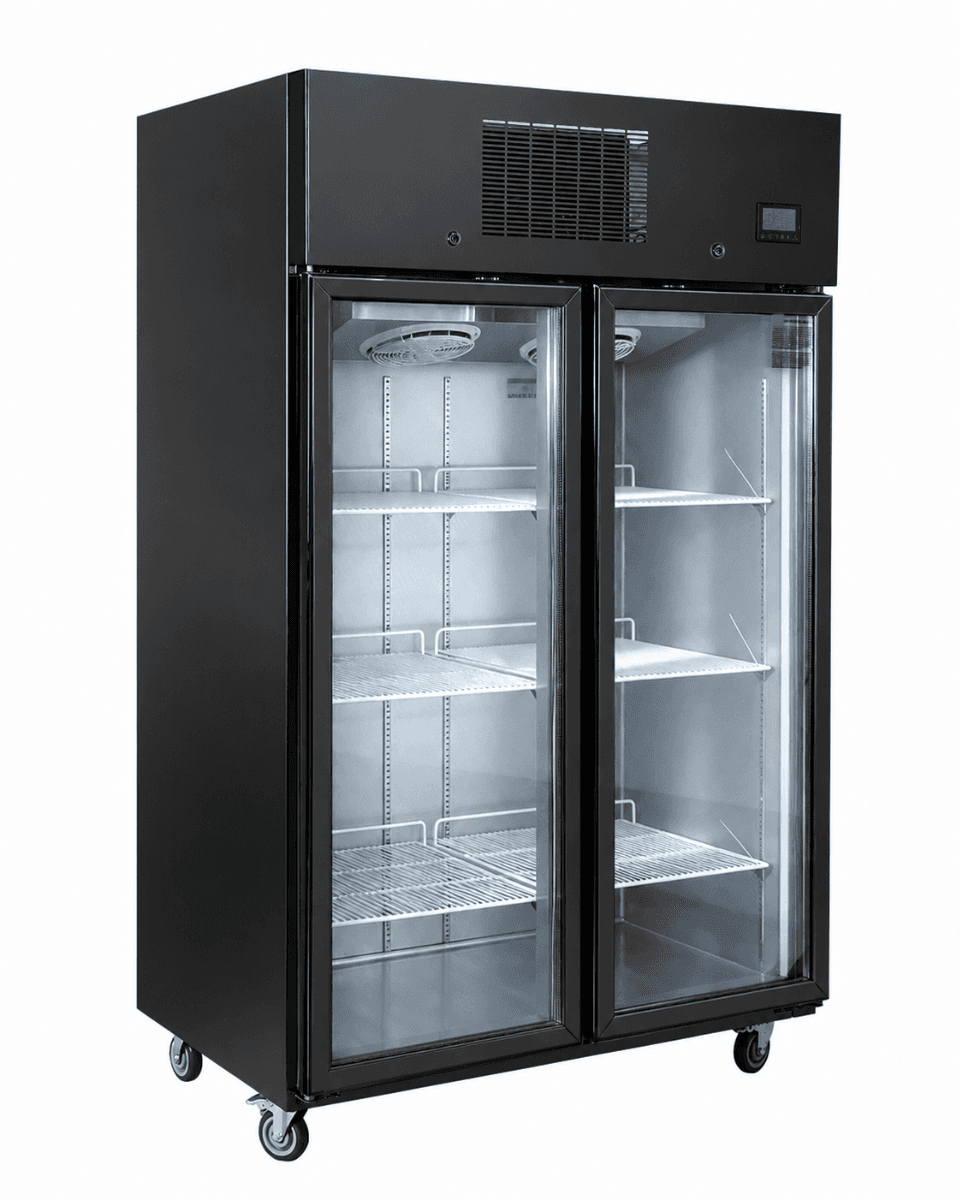 THERMASTER 1000L Full-Width Double Black Glass Door Upright Display Fridge — SFWCG1000B