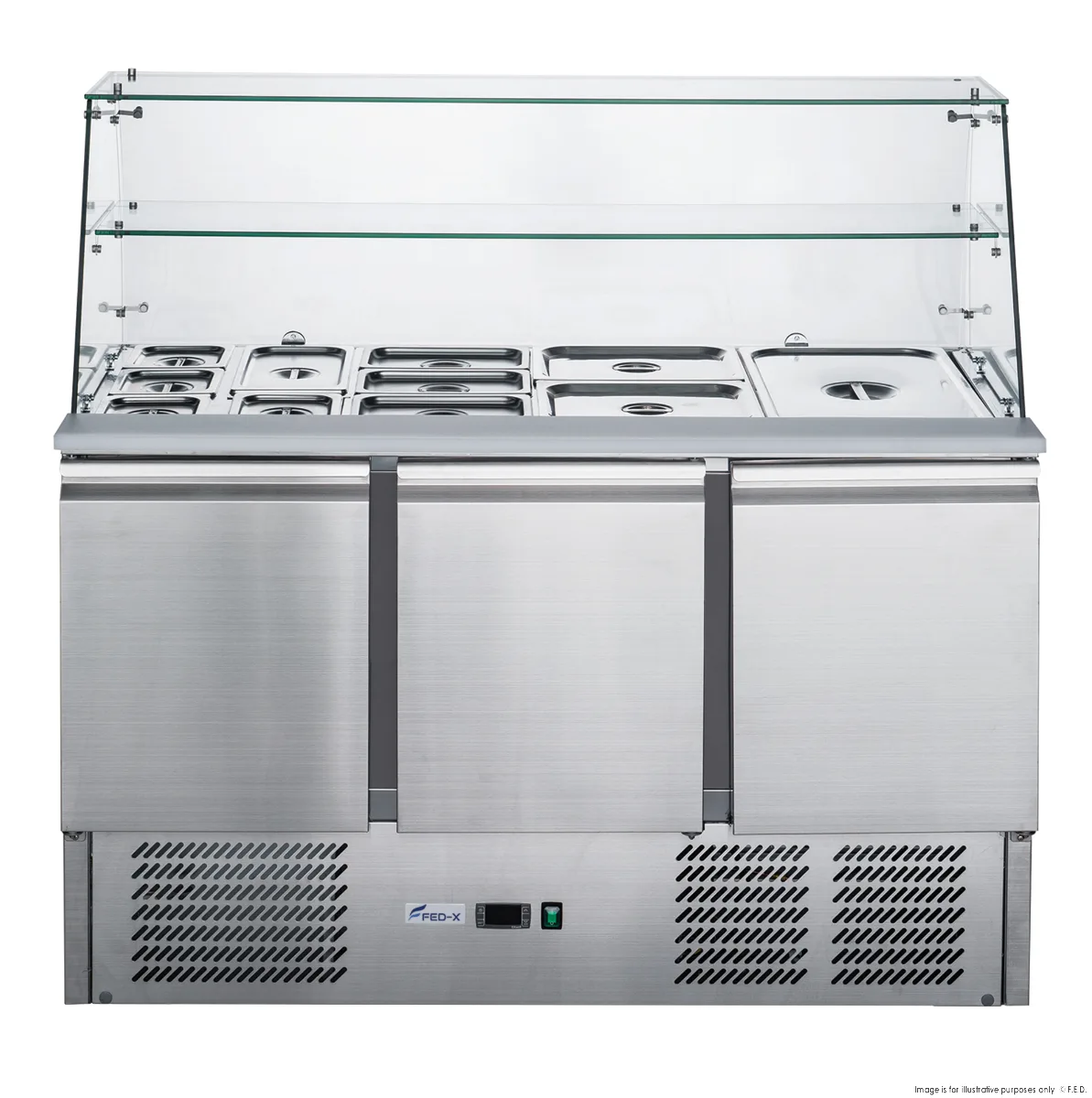 FED-XS903GC Three Door Salad Prep Fridge with Square Glass Top