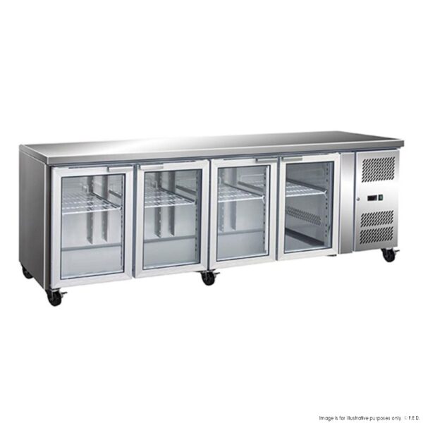 GN4100TNG F.E.D 4 Glass Door Gastronorm Bench Fridge
